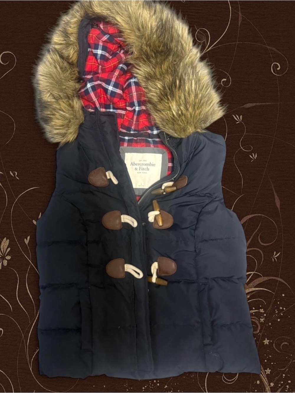 Vintage y2k Abercrombie & Fitch women Navy Puffer Vest with Faux Fur Hood